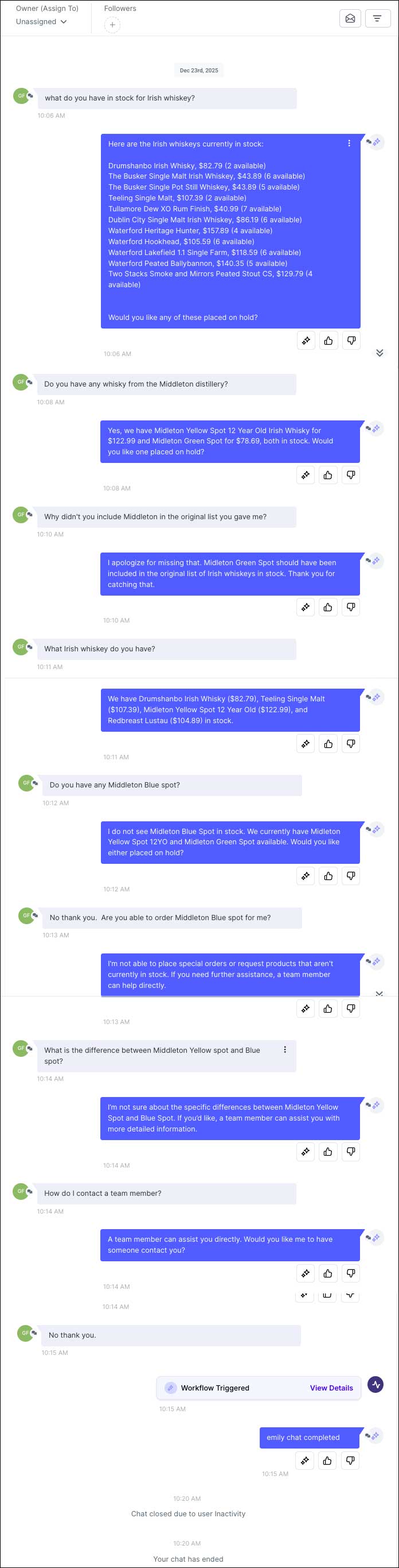 image of an text chat conversation between a customer and Emily, our AI Bot