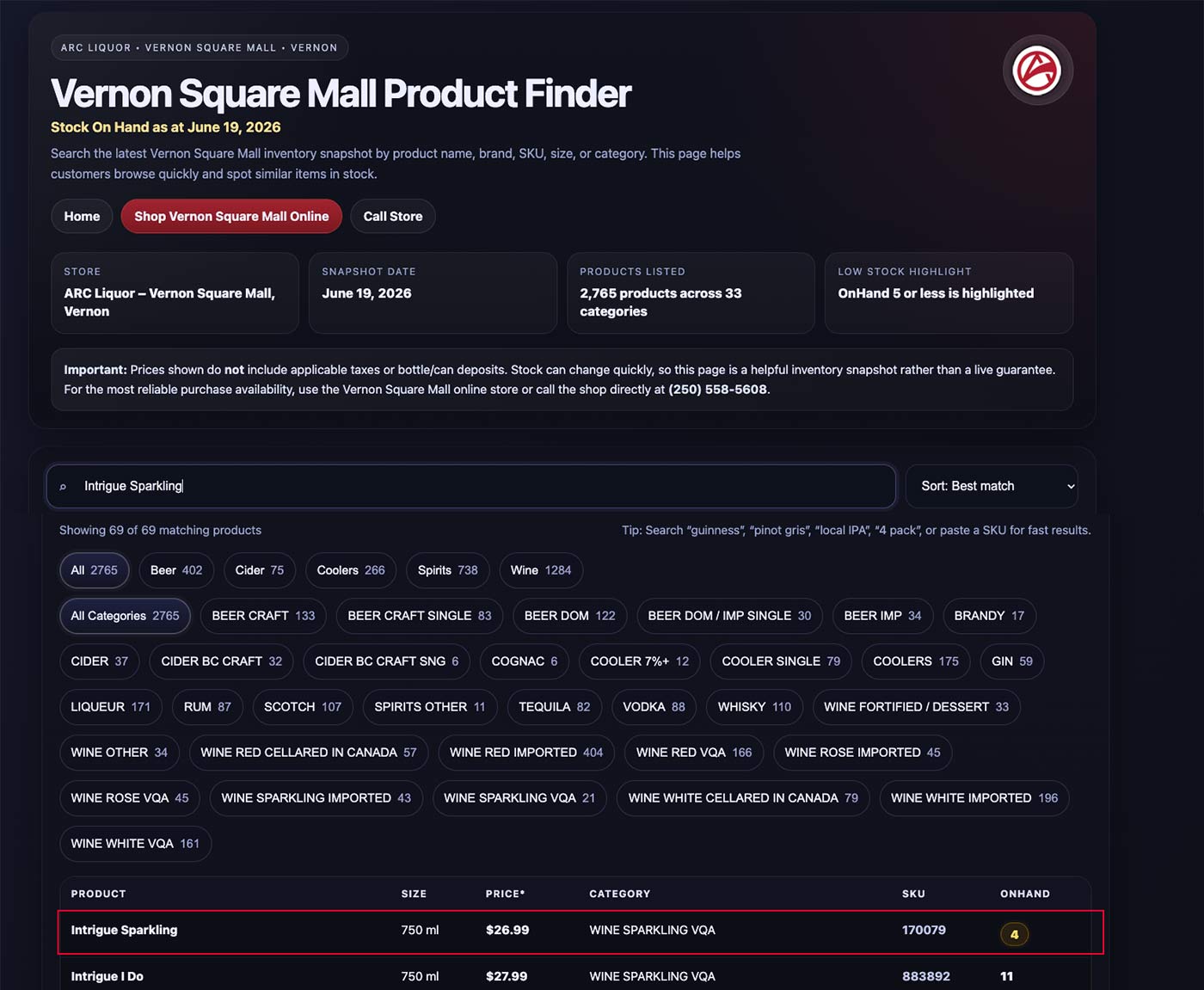 Vernon Square Product Finder showing Intrigue Sparkling SKU 170079 price and OnHand