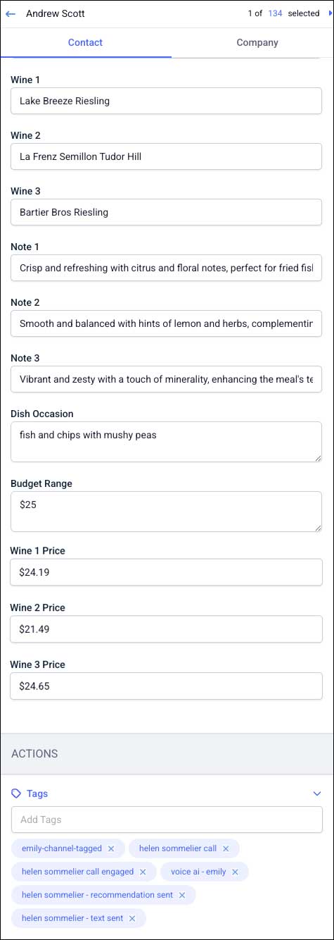 image of notes that the AI used for her pairings