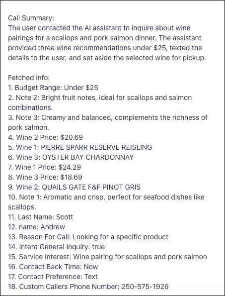 image of the recommendations the AI sent to the customer.