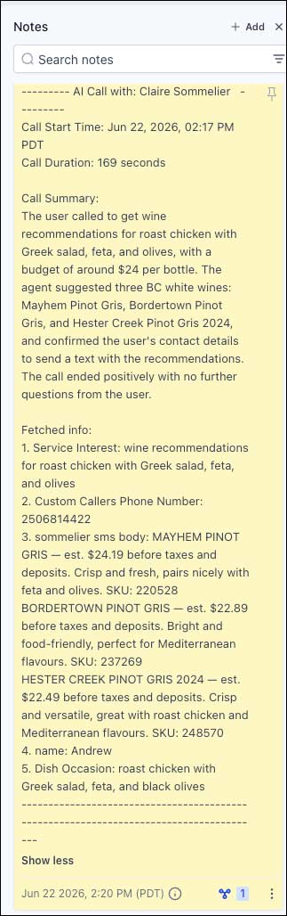 Claire AI Sommelier internal note in GHL