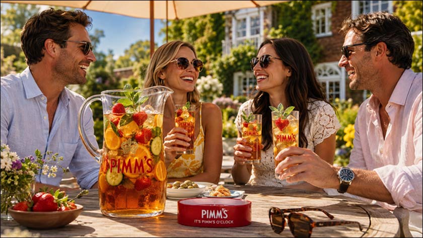 Four friends enjoying Pimm’s and lemonade with strawberries and mint on a sunny garden patio.