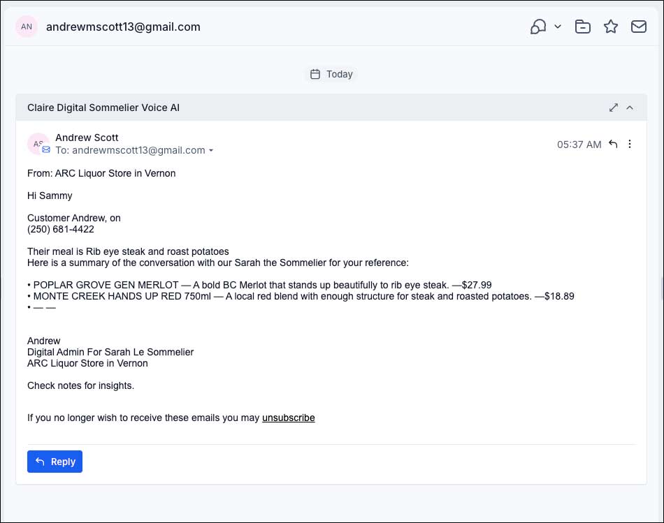 Sarah AI Sommelier manager email summary